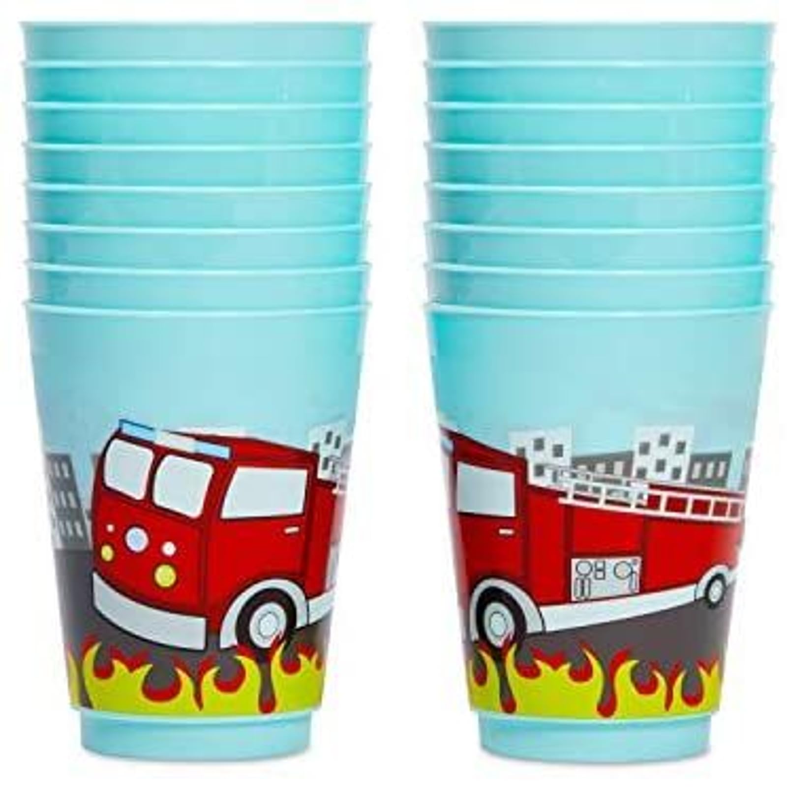 BLUE PANDA Plastic Fire Truck Cups for Kids - 16 Oz, Blue, Pack of 16 - Party Favor Cups for Fire Truck Theme, Reusable & Recyclable