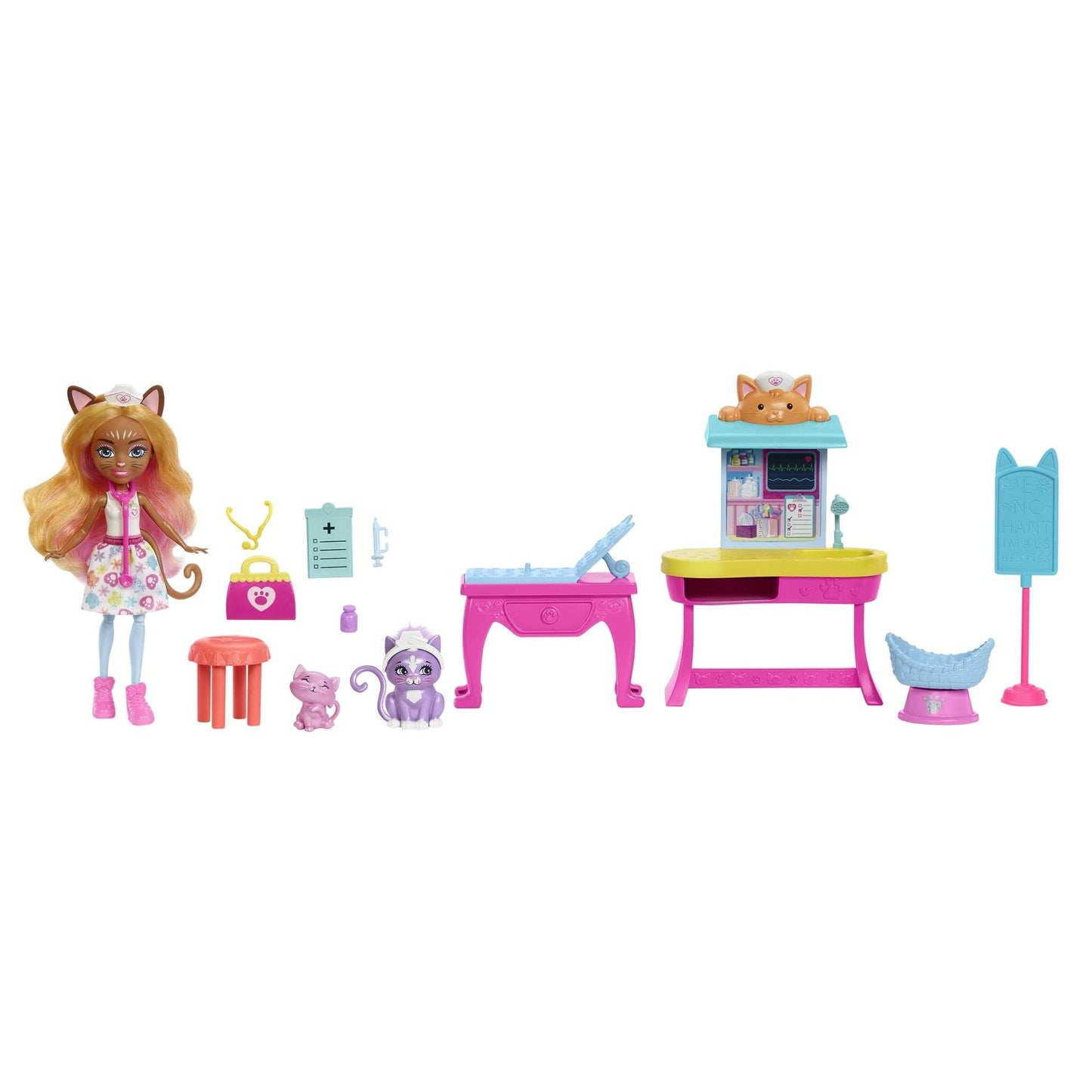 Enchantimals Doll and Playset, City Tails, Feel Fine Dr's Office with Doll, Cat Figure, Furniture and Accessories, Gifts for Kids, HLH22