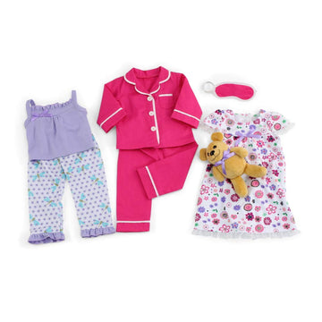 Emily Rose 18 Inch Doll Pajamas Bundle - 7 Piece Cozy PJs Set with Teddy Bear & Eye Mask