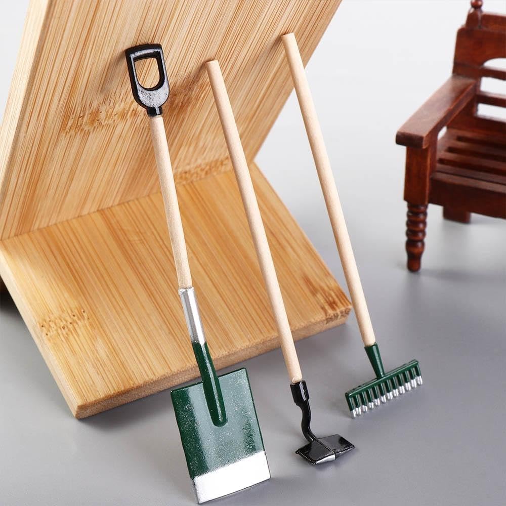 3 Pcs Red Miniature Garden Tools 1:12 Mini Shovels and Rake Farm Tools Fairy Garden Dollhouse Accessories Furniture Toy Sets