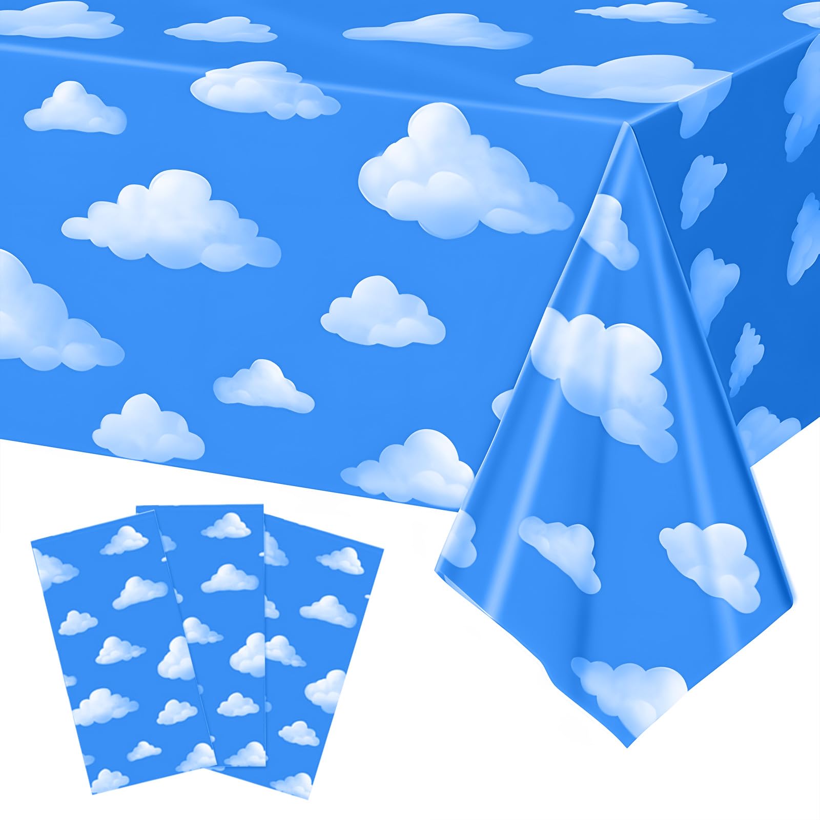 Temicle 3-Pack 54 x 108 Inch Cartoon Sky Tablecloths - Blue Sky and Cloud Disposable Plastic Covers for Kids Birthday, Baby Shower, and Party Supplies