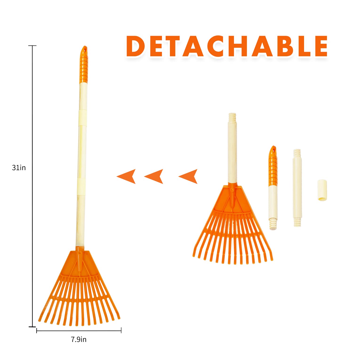 CHEERBANK 4Pcs Kid Rakes, 31" Child Size Plastic Lawn Rakes for Leaves Wooden Handle, Great Gardening Tools Gifts for Boys Girls Age 3 Year Old and Up
