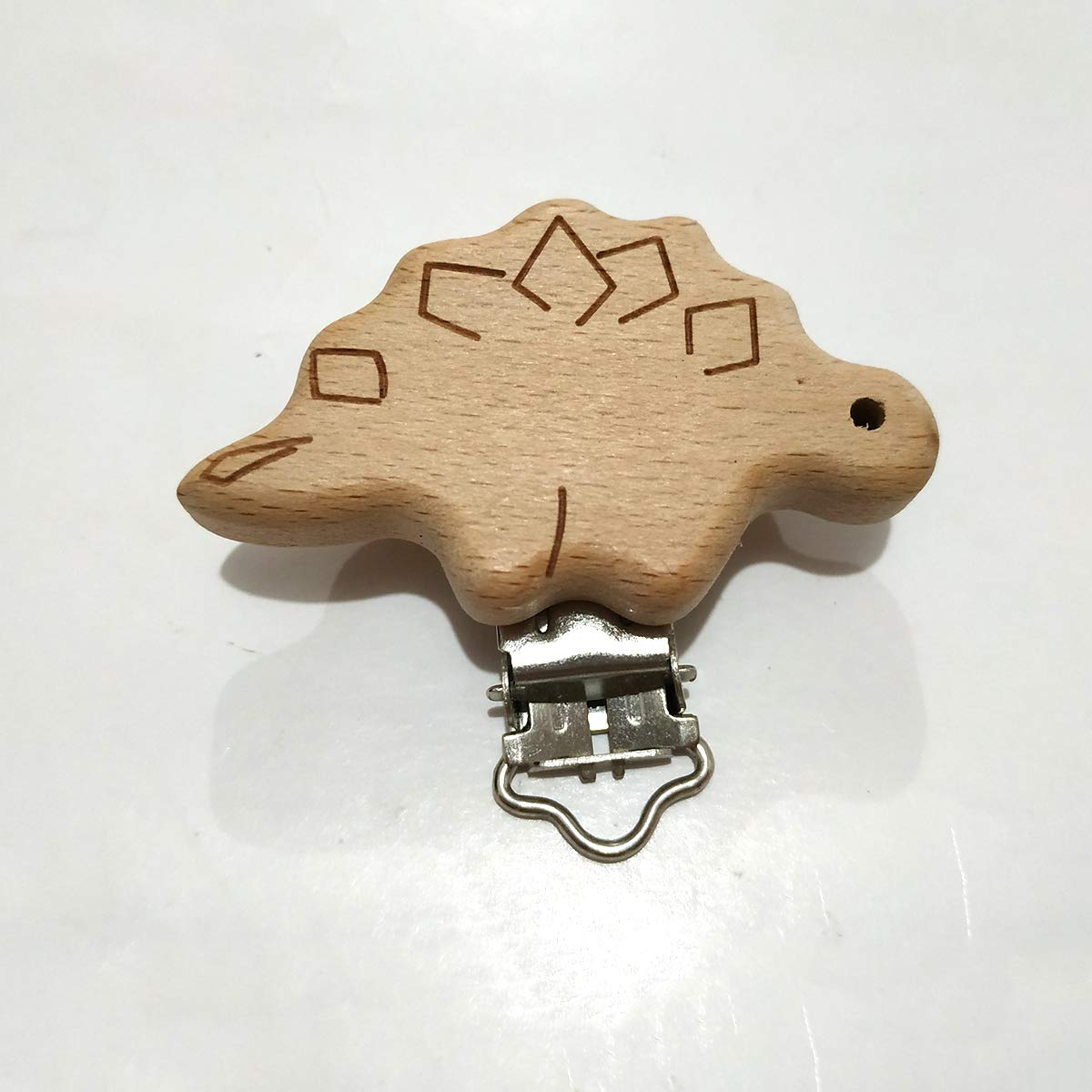 5pcs Natural Beech Wood Animal Pacifier Clips Grasping Toy Suspender Chain Clips Charm Antique DIY Beading Accessory (Stegosaurus)