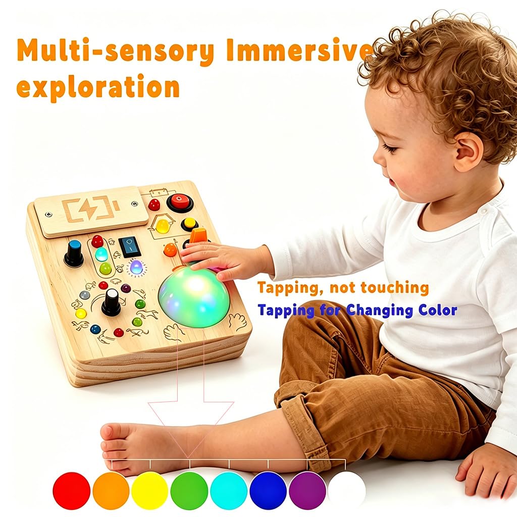 IRUPEN Montessori Busy Board for Toddlers 1-3 Year Old, Sensory Activity Toys for Baby Aged 1 2 3 Years Old with LED Light Switches, Wooden Travel