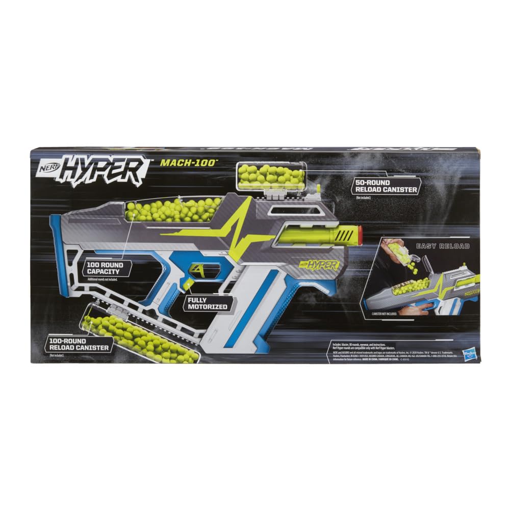 Nerf Hyper Mach-100 Fully Motorized Blaster, 80 Hyper Rounds, Eyewear, Up to 110 FPS Velocity, Easy Reload, Holds Up to 100 Rounds