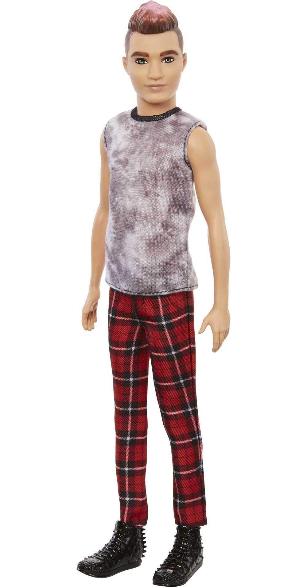 Barbie Ken Fashionistas Doll #176 with Sculpted Brunette Ombre-Tipped Hair Wearing a Sleeveless Tie-dye Shirt, Red Plaid Pants & Black Boots, Toy for
