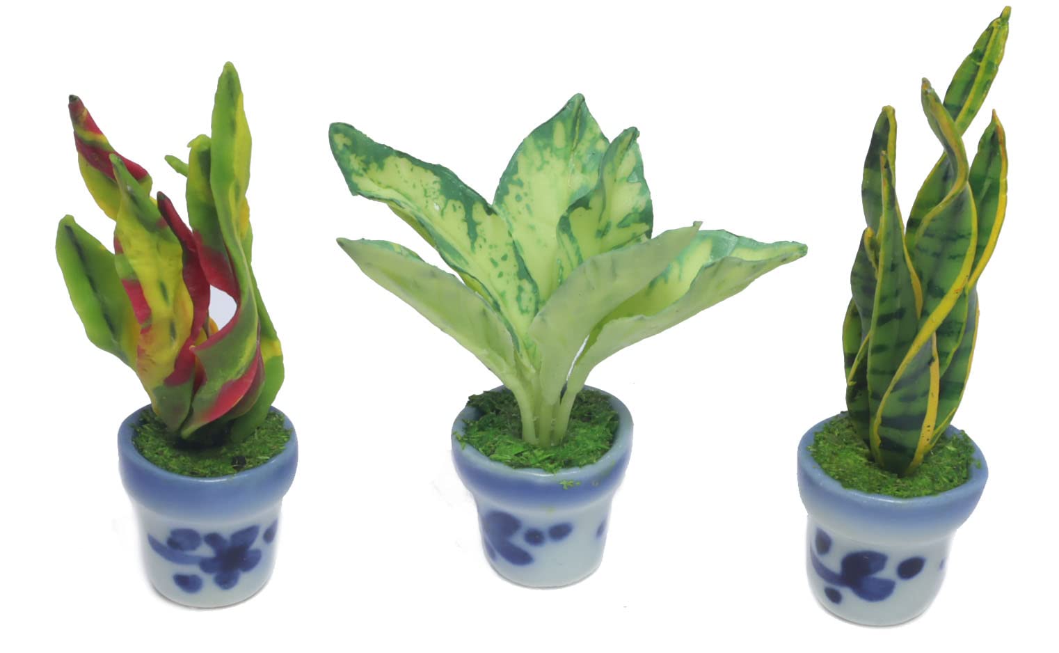 3 Pieces 1:12 Dollhouse Miniature Artificial Flower Plants in Ceramic Pot, Codiaeum Variegatum,Aglaonema,Sansevieria Dollhouse Accessories