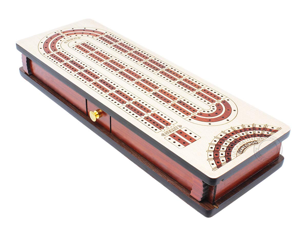 House of Cribbage - 4 Track - Continuous Cribbage Board Alphabet e Shape Inlaid in Maple Wood/Bloodwood : Size - 13.5" x 4.75" - Separate Storage
