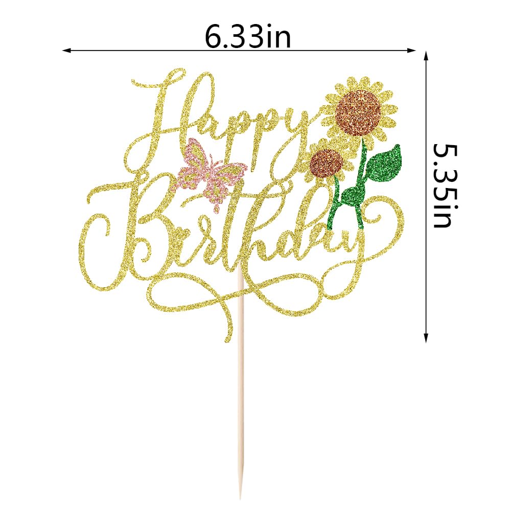 Sleyberoy Gold Glitter Sunflower Happy Birthday Cake Topper