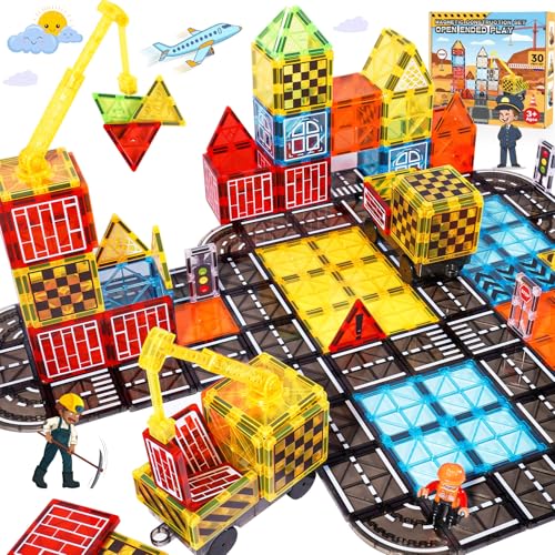 Magnetic Tiles Kids Construction Toys - Road Set with Magnet Crane for Boys Age 3-5 4-8 8-10, Magnet Building Blocks Expansion Pack Toy Car Track