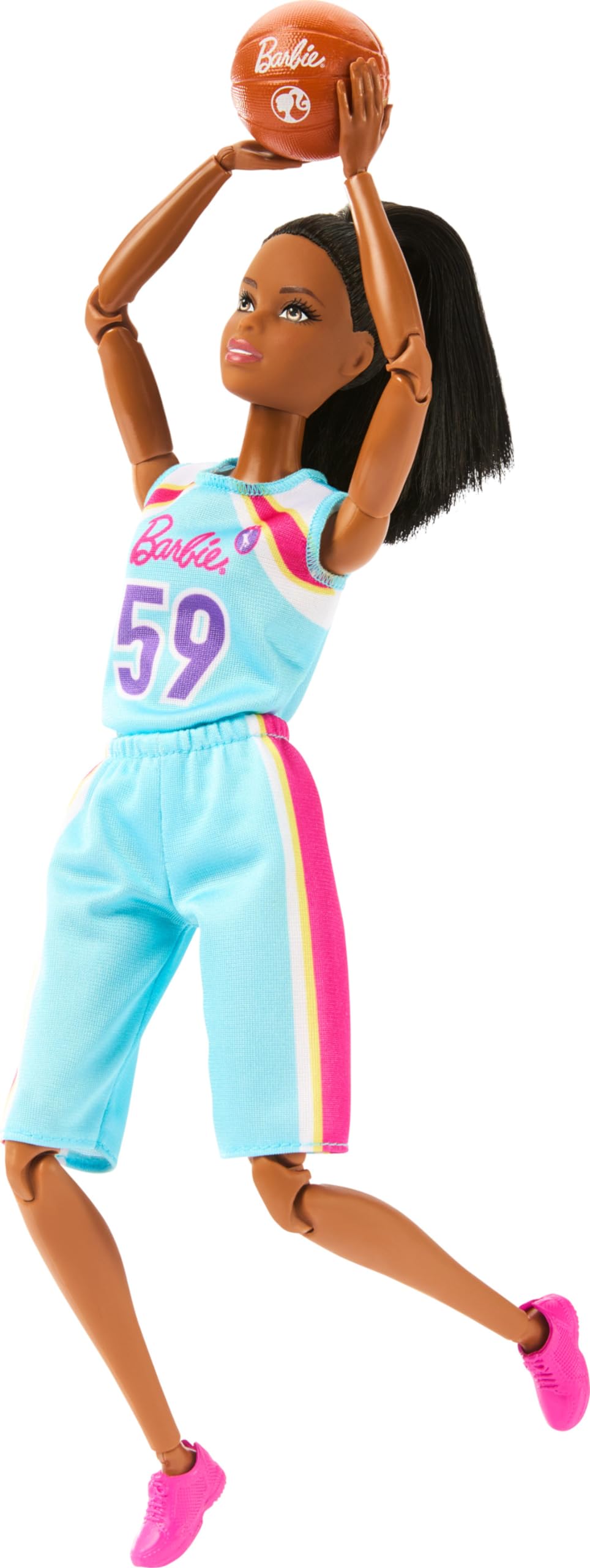Barbie Made to Move Doll & Accessories, Brunette Basketball Player Wearing Removable Uniform with Ball, 22 Bendable Joints