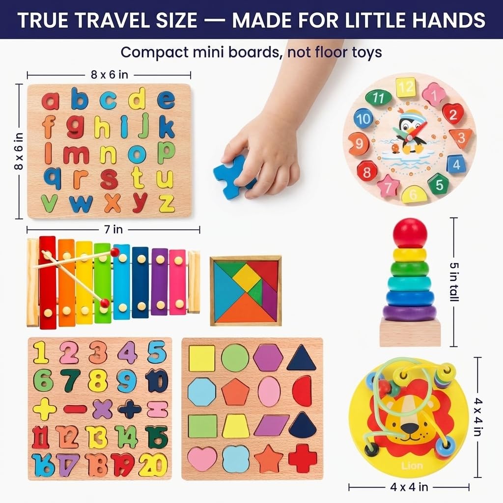BrightM? Montessori Toys for 3 Year Olds, 8-in-1 Wooden Travel Activity Set - Alphabet, Number & Shape Puzzles, Xylophone, Bead Maze - Compact Busy