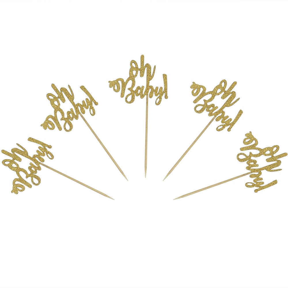 24 Gold Glitter Cake Cupcake Toppers Picks for Wedding Birthday Baby Shower Party Decorations
