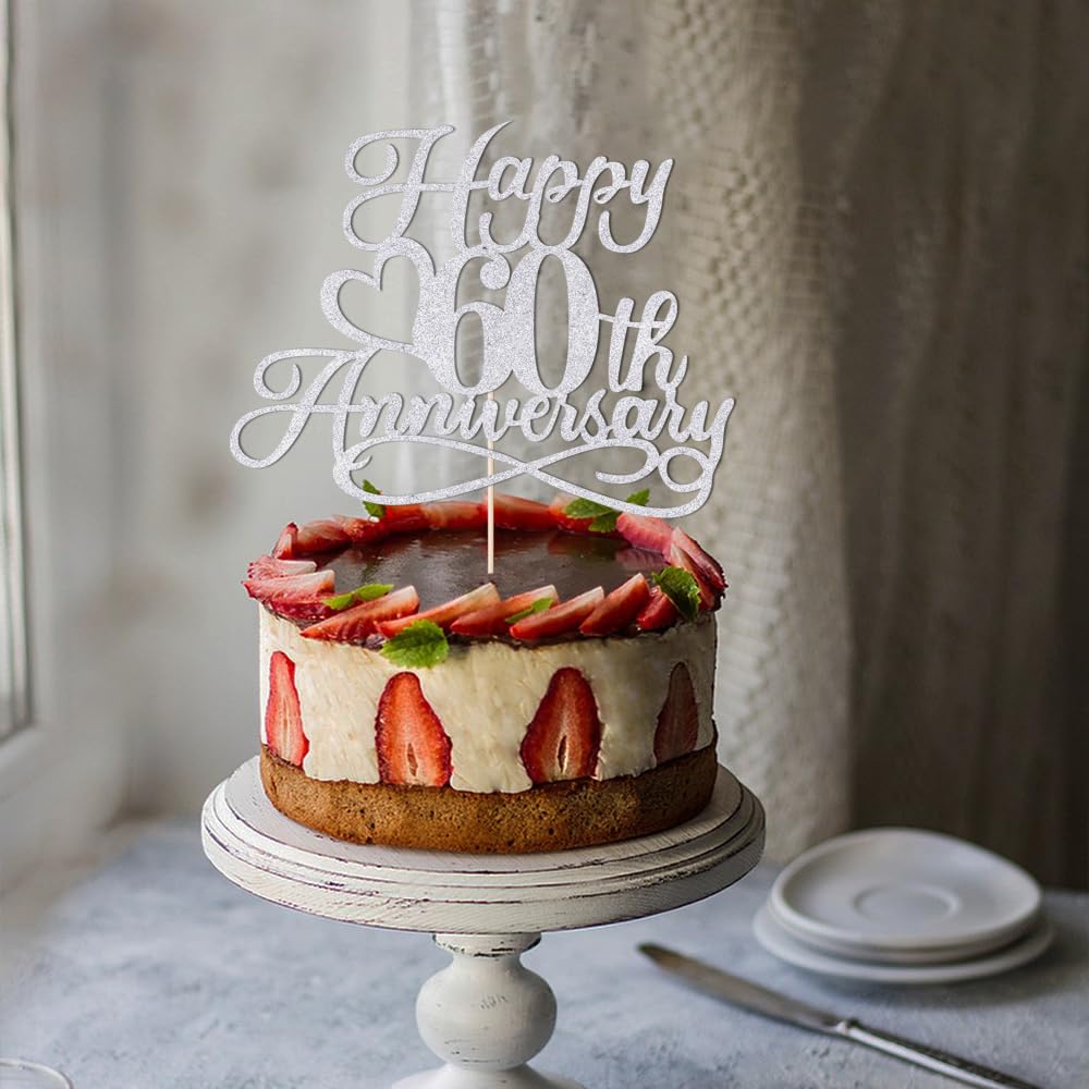 YUINYO Silver Glitter Happy 60th Anniversary Cake Toppers
