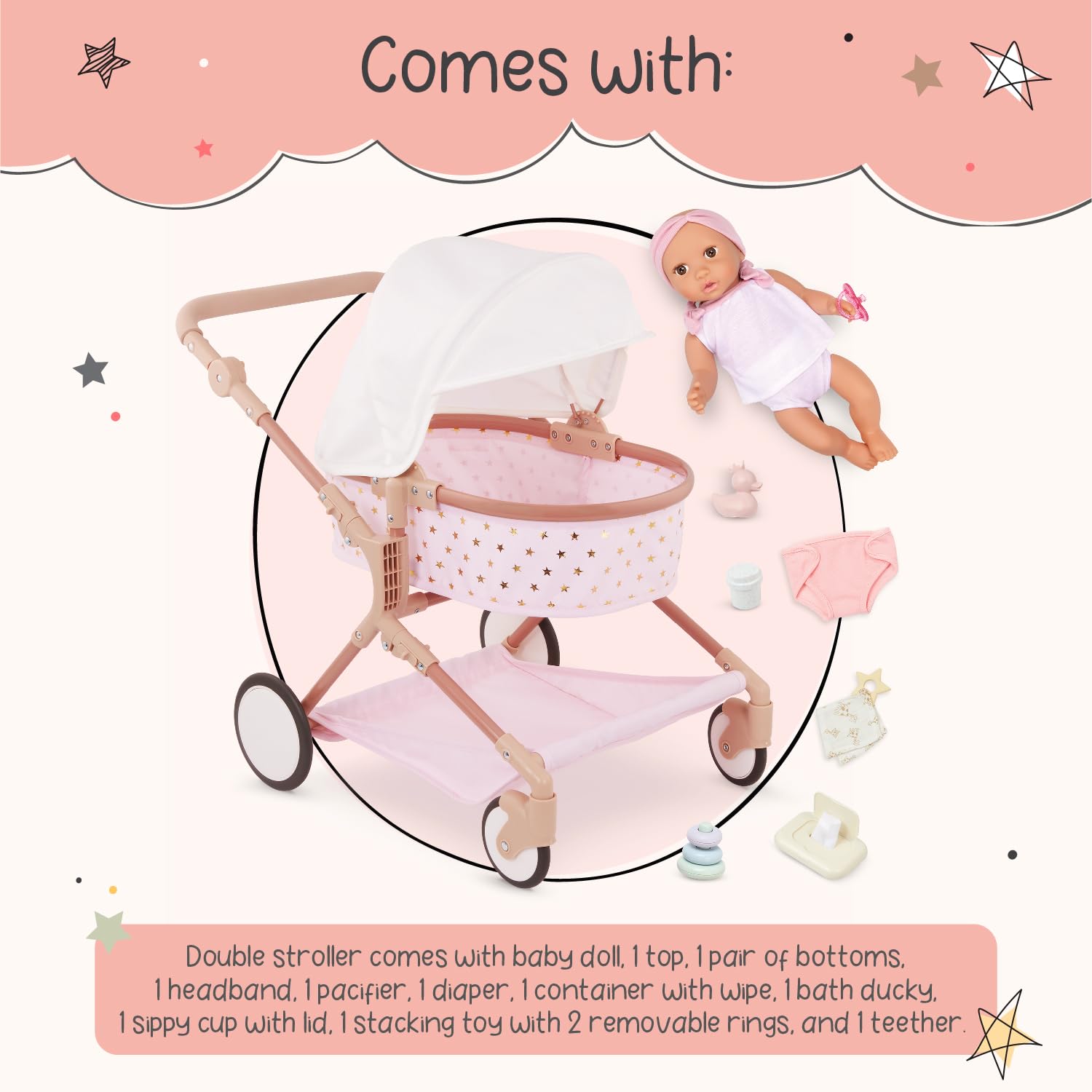 LullaBaby - 14-Inch Doll & Twin Stroller Accessories Set - Foldable Canopy & Storage Basket - Pink & Golden Stars Design - Pretend Play 2+ Years- Doll