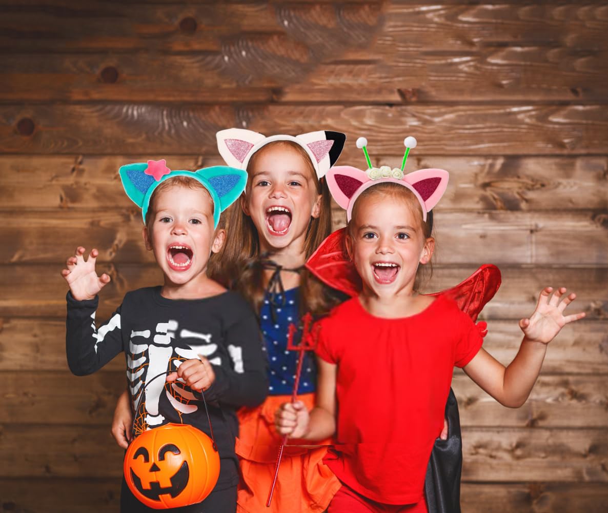 Atvscay 4pcs Plush Cat Ears Headbands, Dollhouse Birthday Party Accessories, Glitter Cartoon Kitty Headwear For Girls Halloween Supplies (4PCS Plush)
