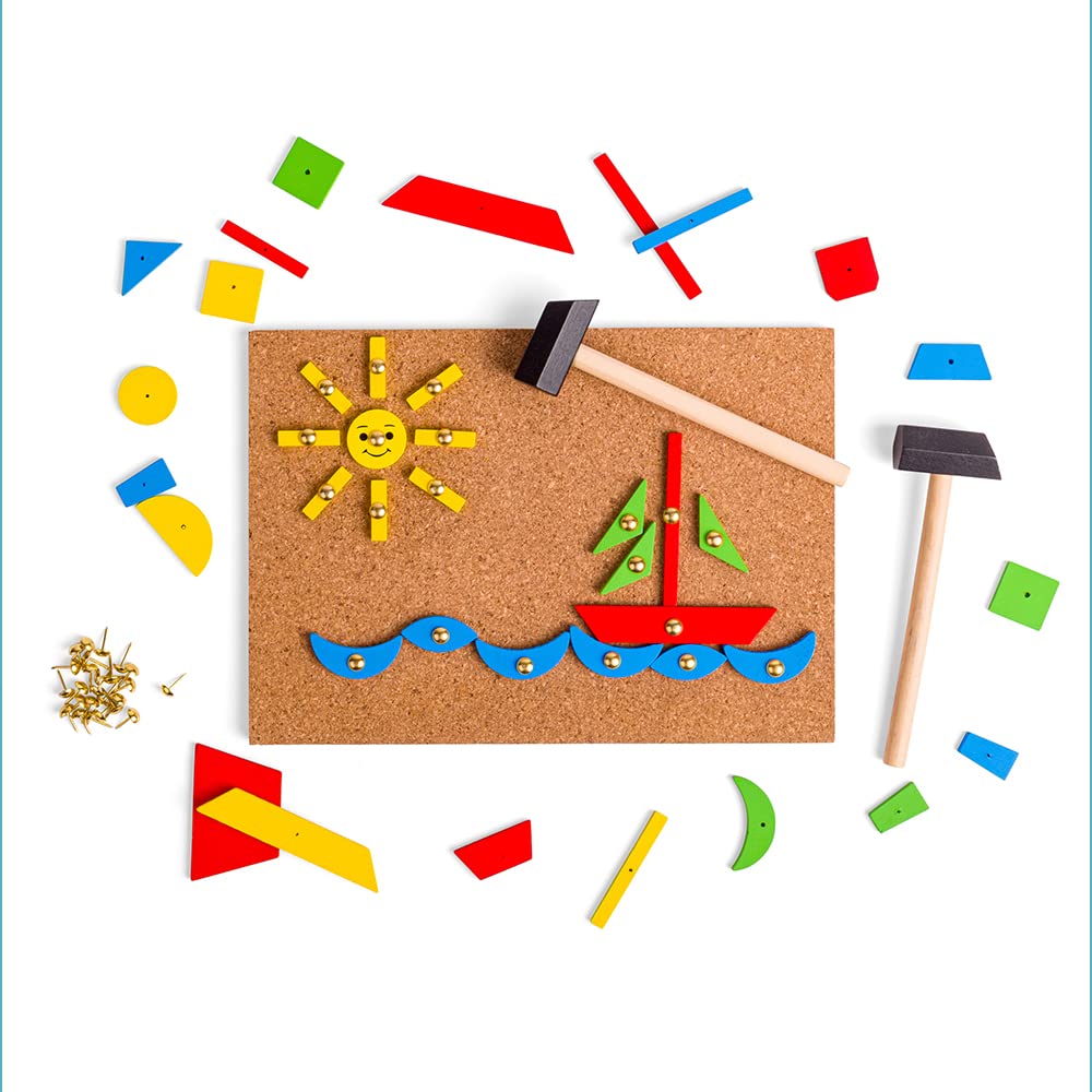 Bigjigs Toys Pin-a-Shape Set | Tap Art Kit with Pin Board & Wooden Shapes | Kids Peg Toy with Mini Hammer | Toddler Montessori Game | Educational