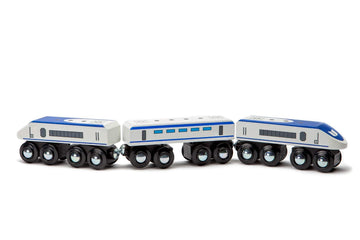 maxim enterprise, inc. Express Train Set, Bullet Train for Wooden Train Track, Train Set of 2 Engines & 1 Passenger Car, Compatible with Thomas