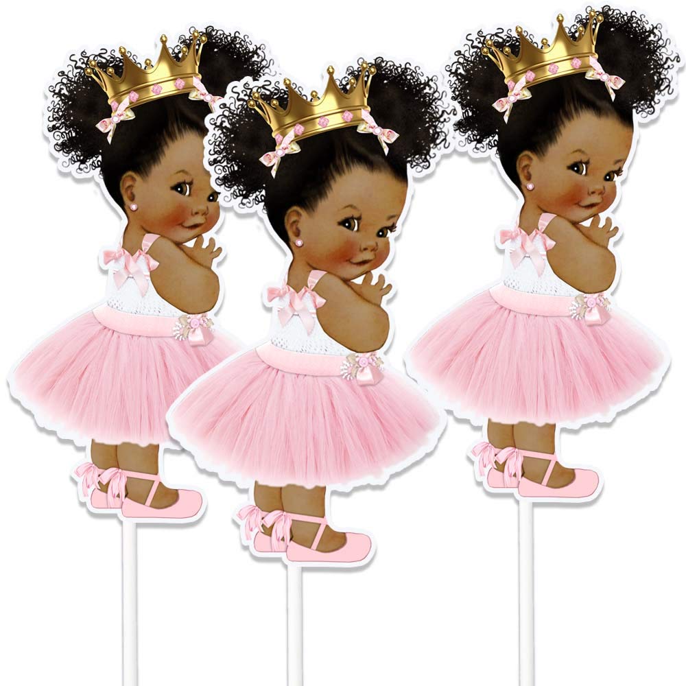 Little Princess Centerpieces Baby Shower Table Decoration 10 inches Pink Gold African American Black Royal Birthday Cake Topper