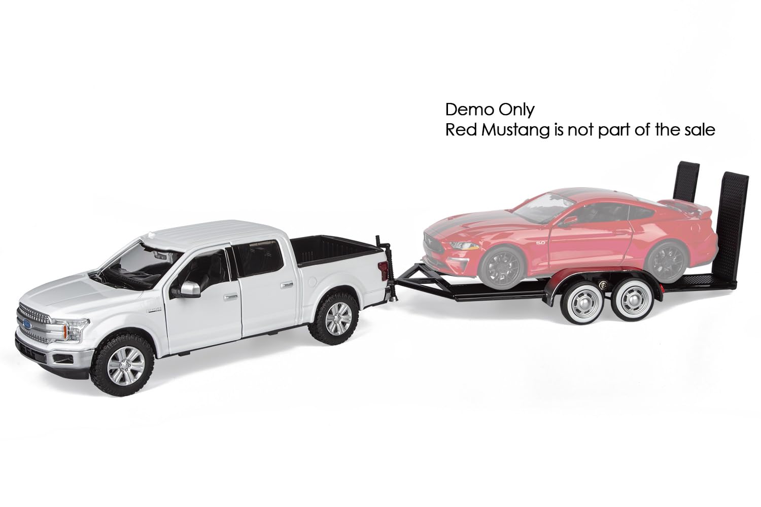 Motormax 2019 Ford F-150 Lariat Crew Cab Pickup Truck with a Car Hauler, Truck & Tow Trailer Combo - 1/27 Scale Diecast Model, White, All Star Toys