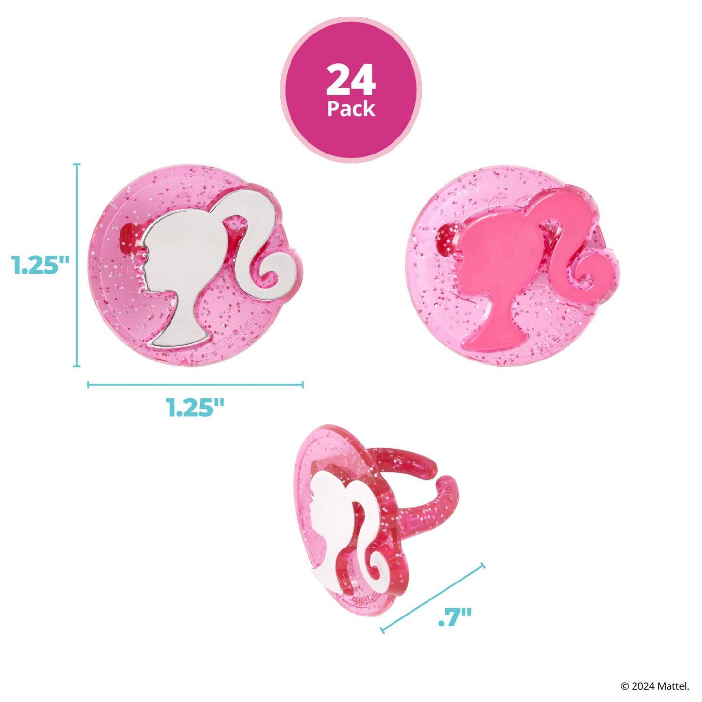 DecoPac Barbie Rings, 24 Barbie Silhouette Cupcake Decorations, Pink Glitter Cake Toppers For Birthday, Parties, Celebrations - 24 Pack