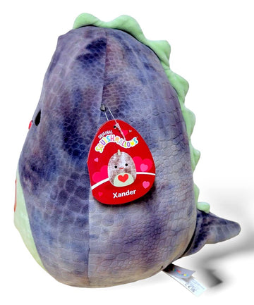 Squishmallows Official Kellytoy Xander Dinosaur 11 Inch Gray Tie-Dye Plush with Red Heat On Green Belly - 2023 Valentine’s Squad Stuffed Animal Toy