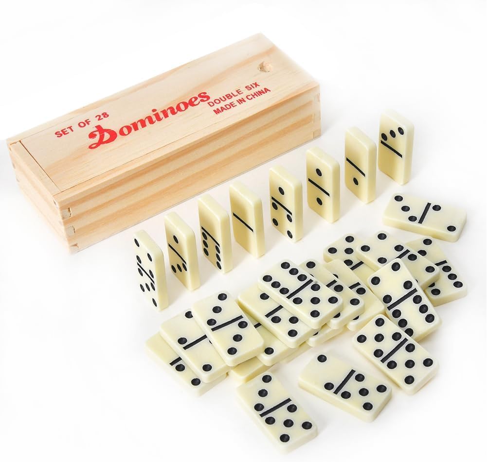 VMRUXAW Dominos Set for Adults with Wood Box - Tile Dot Dominoes Games Set ?Classic Dominoes Set, 28 Tiles, Natural Wood and Ivory, Wooden Box