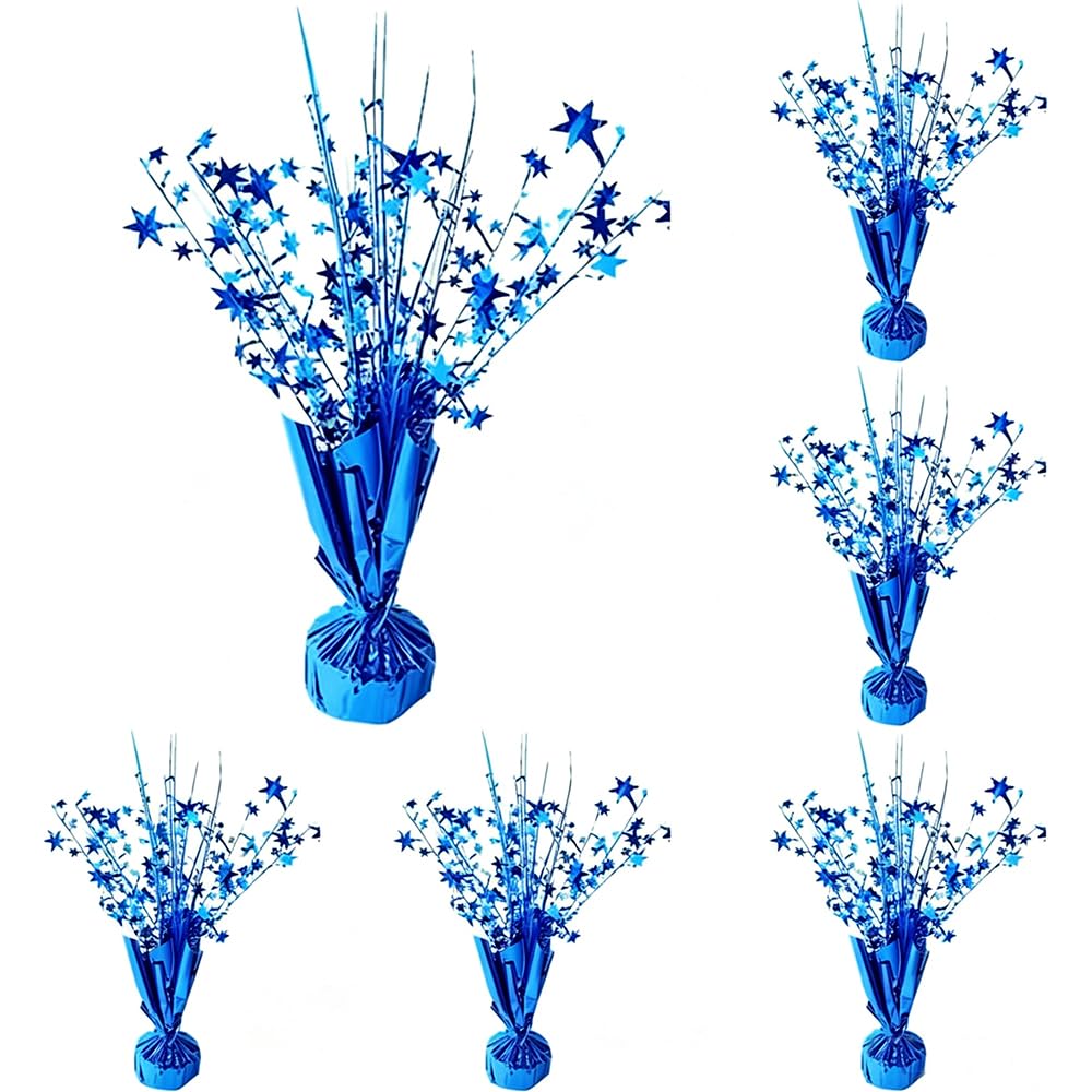 6 Pack Blue Star Table Centerpieces, Metallic Blue Starburst Table Decor, Sparkly Foil Table Topper for Birthday, Baby Shower, Wedding, Graduation