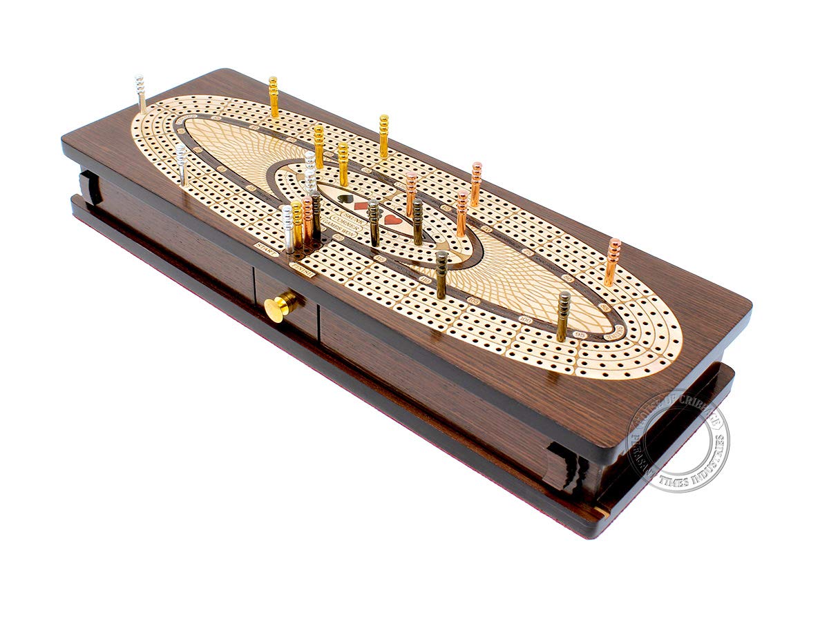 House of Cribbage - Continuous Cribbage Board/Box Inlaid in Wenge Wood/Maple : 4 Track - Sliding Lids, Drawer & Metal Pegs with Score Marking Fields