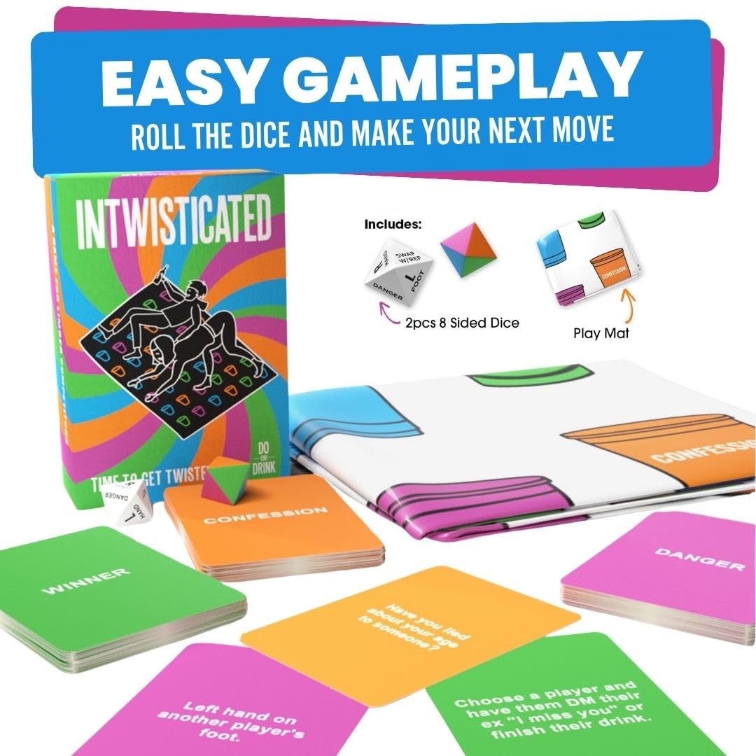 Do or Drink Intwisticated - Adult Games with Twists and Tangles - Fun Party Games with Play Mat, 150 Challenge Cards and 2 Dice - Great Gift for Game