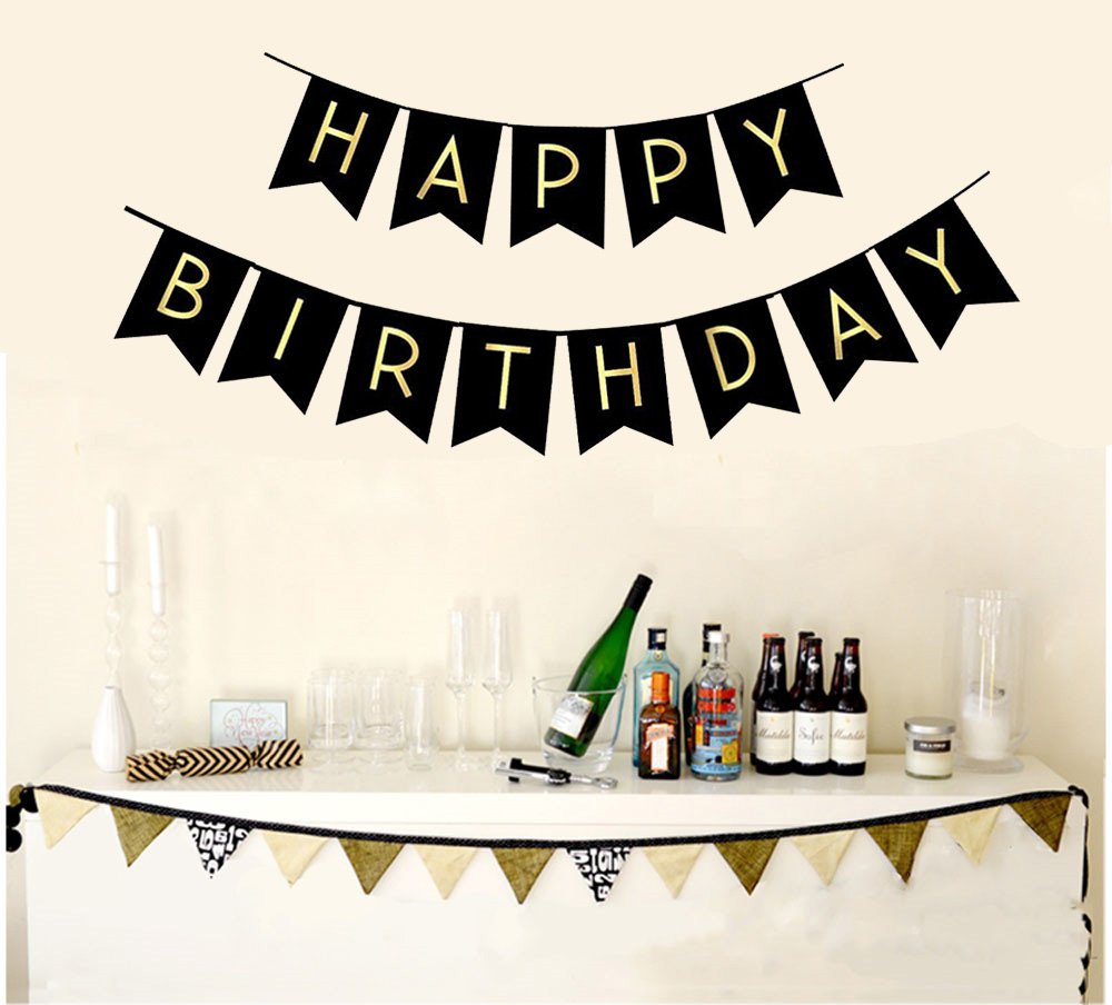 Fecedy Black Happy Birthday Bunting Banner with Shiny Gold Letters Pre-Strung No DIY for Birthday Party Decorations (Black)