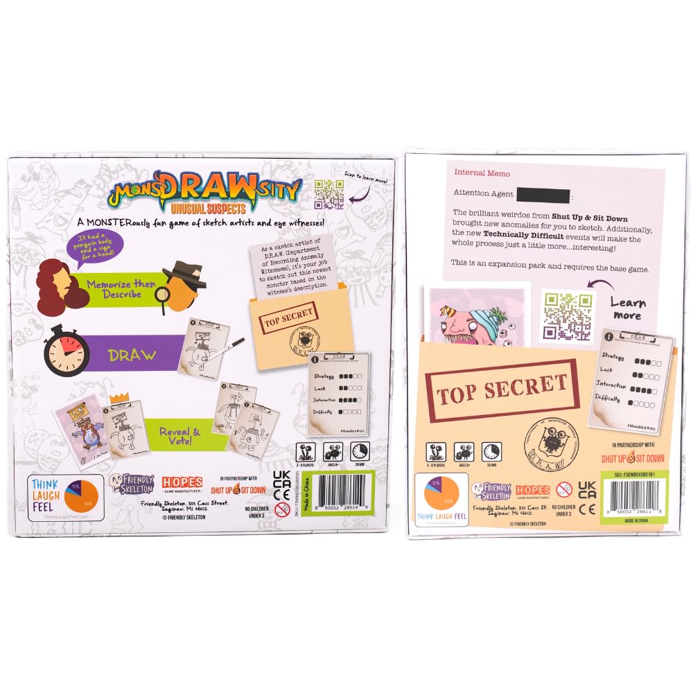 Friendly Skeleton, MonsDRAWsity The Board Game Bundle: Unusual Suspects, SUSD Draws & Technically Difficult Expansion, and Enamel Pin (3 Items)
