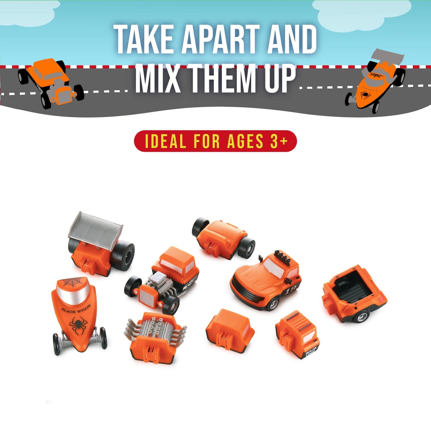 POPULAR PLAYTHINGS Magnetic Vehicles for Toddlers 1-3, Mix or Match Car Toys, Set of 3 Gift for Kids - Race Cars