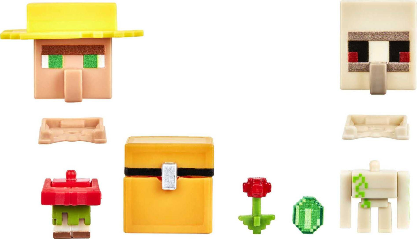 Minecraft Mob Head Minis Villager Guarding Iron Golem Pack with 2 Action Figures & Accessories, Incudes Authentic Pixelated Video-Game Characters