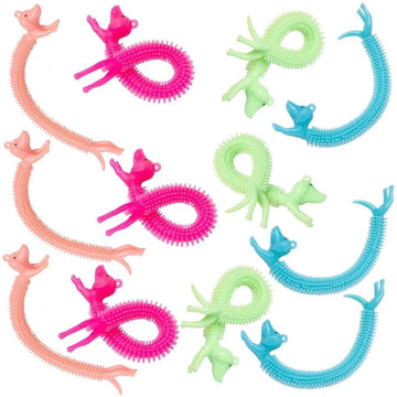 Fun Express Stretchy Rubber Dogs - 8” x 3/4” in Pink, Green, Blue & Peach - Toy Set for Kids - Ideal Party Favors & Prizes - 12 Pieces