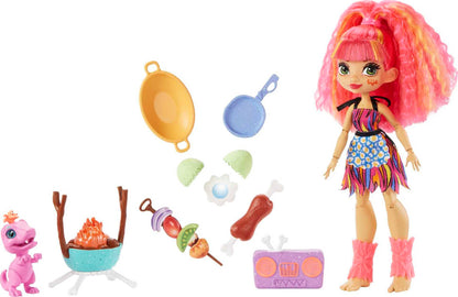 Mattel Cave Club Blazin' BBQ Adventure Playset with Emberly Doll (8 - 10-inch, Pink Hair), Dinosaur Pet and Storytelling Accessories with Cooking