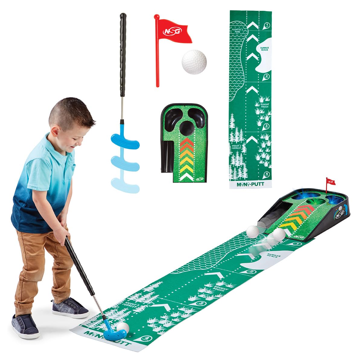 NSG Electronic Mini Golf Putting Game for Kids - Indoor Golf Toy with 4ft Mat, Aiming Pin Flag, Auto Ball Return, Cheers & Sounds, Lights, 3 Balls