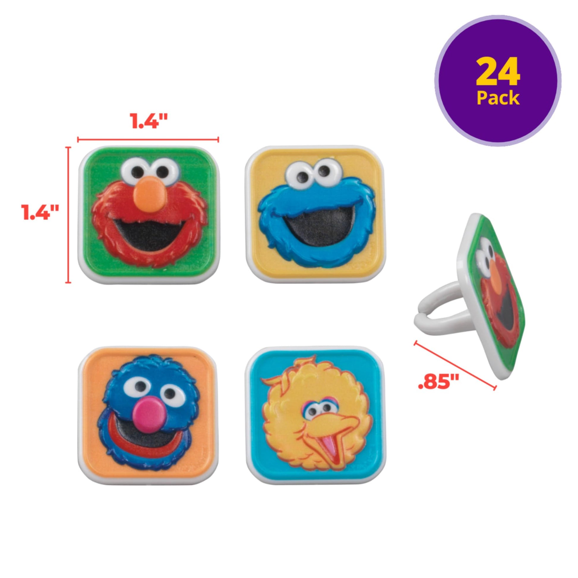 Sesame Street Rings, 24 Cupcake Toppers Featuring Elmo, Big Bird, Cookie Monster, Grover, Bright Colorful Cupcake Decorations, Food Safe - 24 Pack
