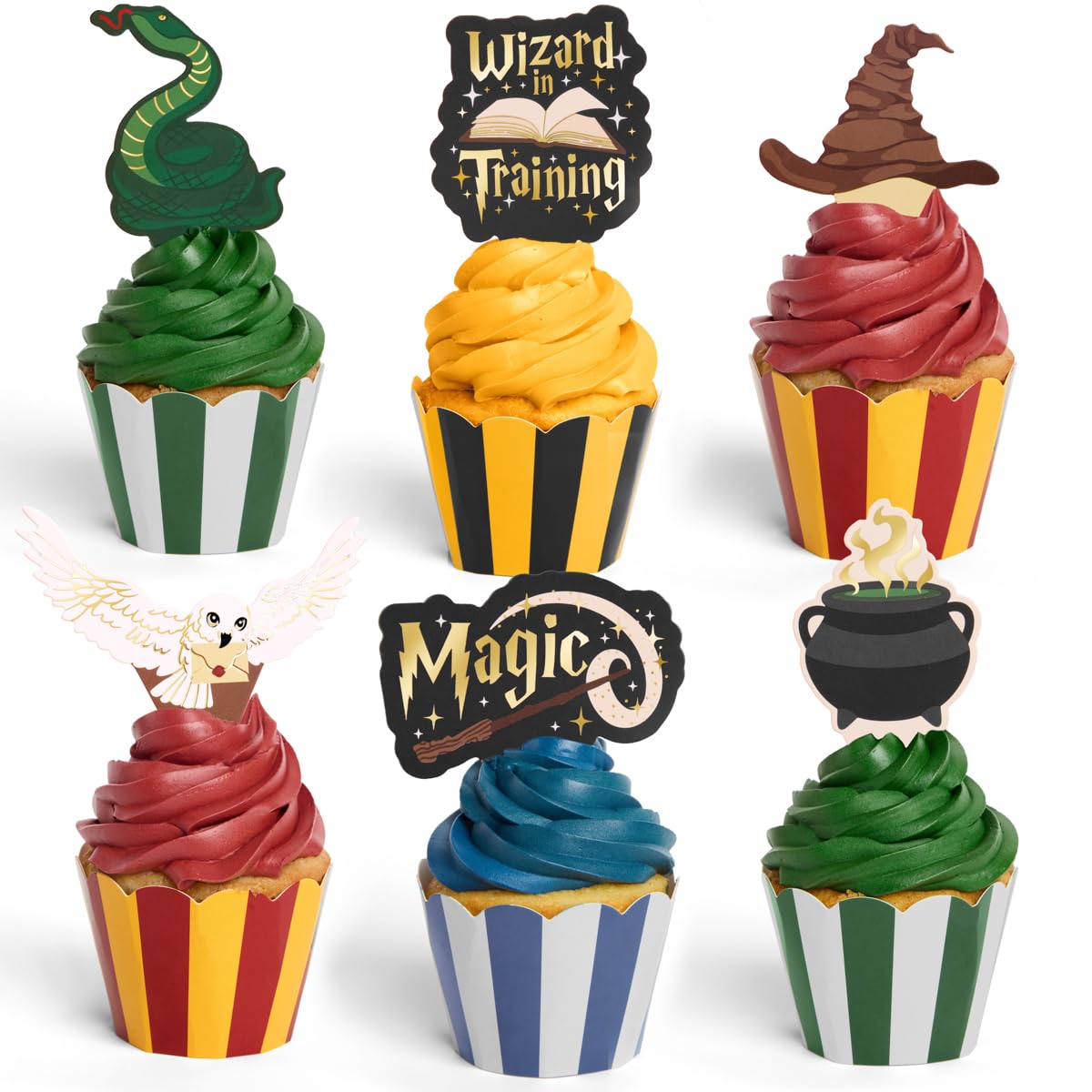 xo, Fetti Wizard in Training Cupcake Toppers + Wrappers - Set of 24 | Kids Cake Decoration, Magic Party Decor, Sorcerer Supplies, Dessert Accessory