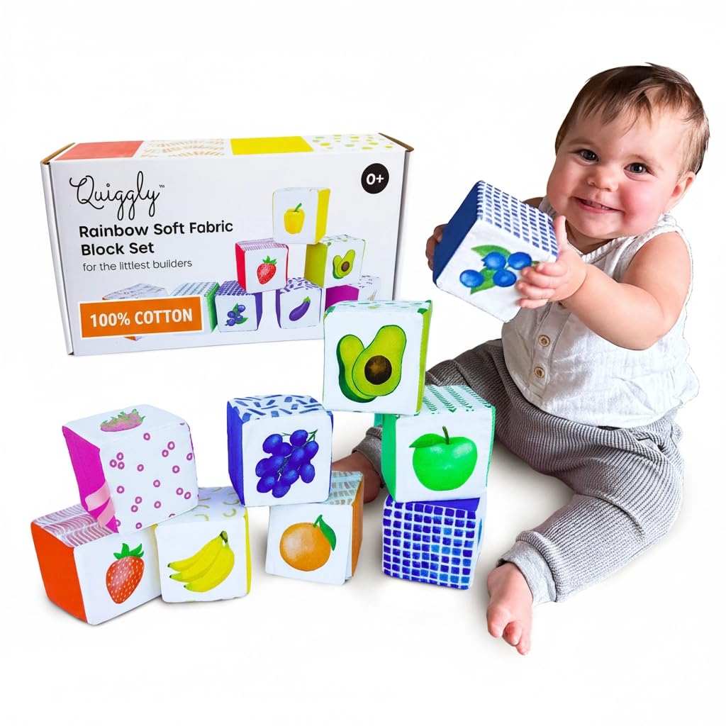 Quiggly Soft Cotton Fabric Baby Blocks - Montessori Sensory Stacking Play