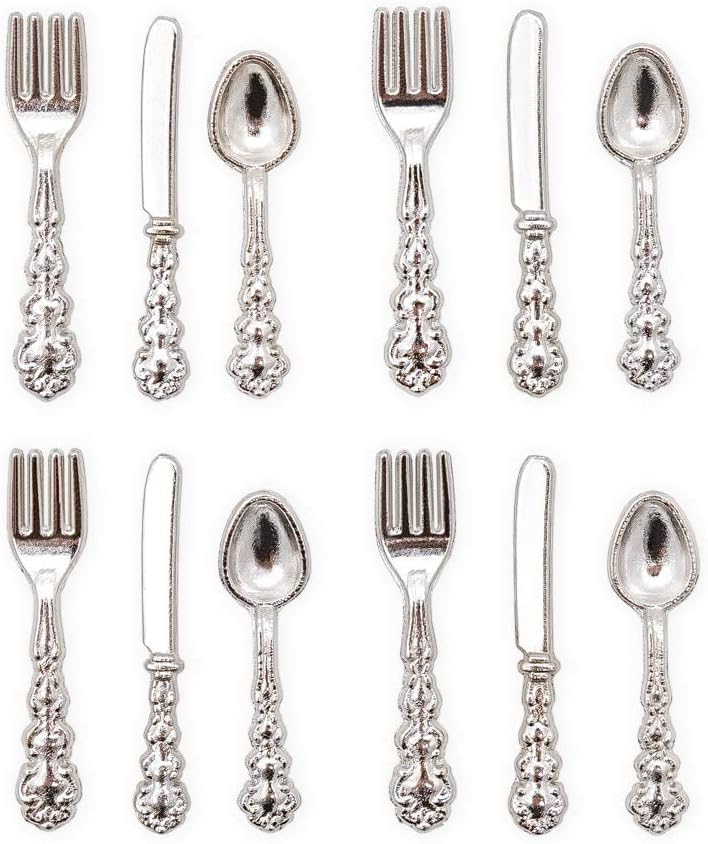 1Set Silver 1/12 Miniature Silverware Knife Fork Spoon Dollhouse Decoration Accessories, Accessories Décor,Dollhouse Kitchen Accessories