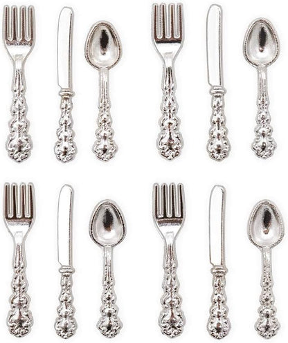 1Set Silver 1/12 Miniature Silverware Knife Fork Spoon Dollhouse Decoration Accessories, Accessories Décor,Dollhouse Kitchen Accessories