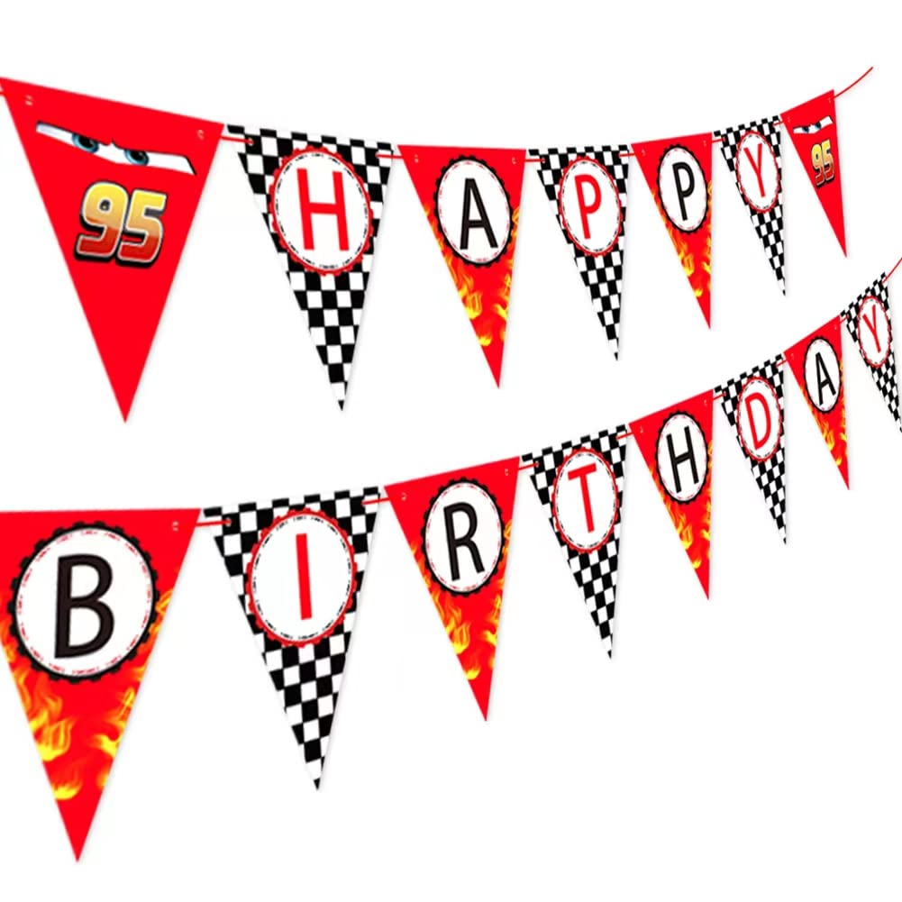 Race Car Happy Birthday Banner - Racing Themed Party Sign, Checkered Flag Decorations