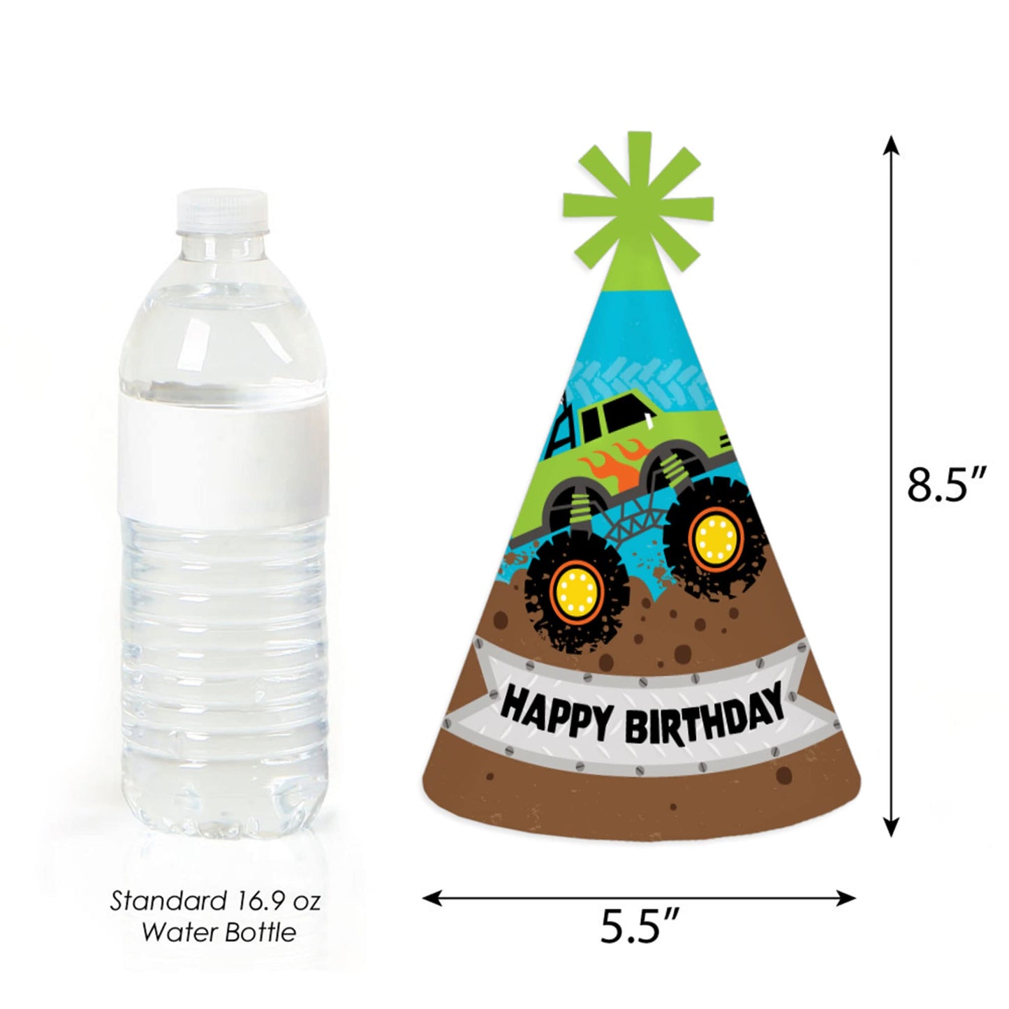 Big Dot of Happiness Smash and Crash - Monster Truck - Cone Happy Birthday Party Hats for Kids and Adults - Set of 8