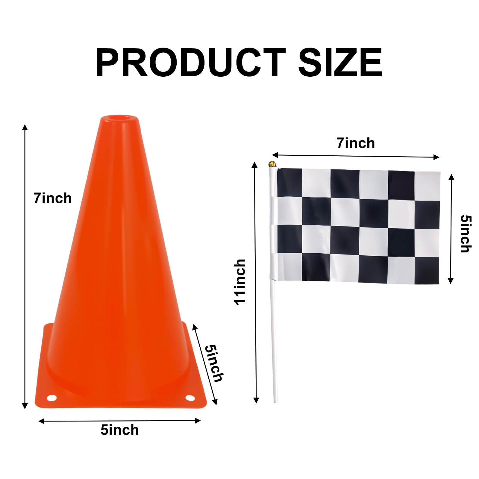 Racing Car Birthday Party Decoration - 12 orange cones (7", holes on top) & 24 flags. Suitable for quick center decorations for race-themed events