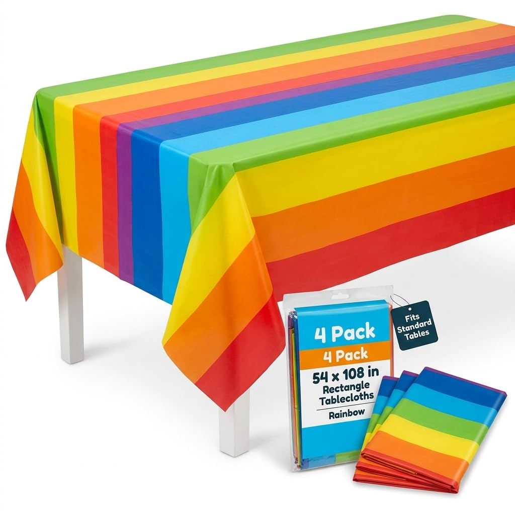 Oojami 4 Pack Rainbow Tablecloths 54 x 108 Inch - Disposable Plastic Table Covers for Birthday Party, Baby Shower, Carnival, Rectangle Table, Colorful