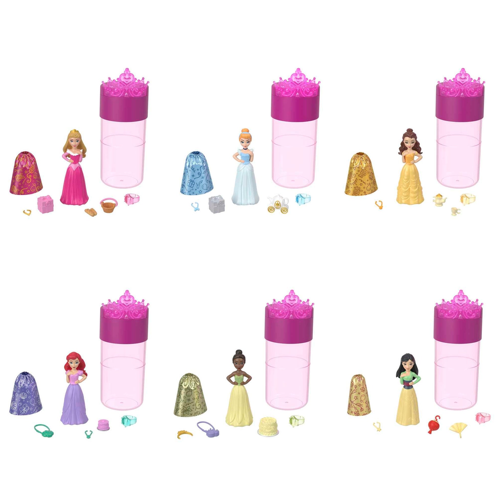 Mattel Disney Princess Small Doll Royal Color Reveal, 6 Surprises Include 1 Doll & 5 Accessories, Party Theme (Dolls May Vary)