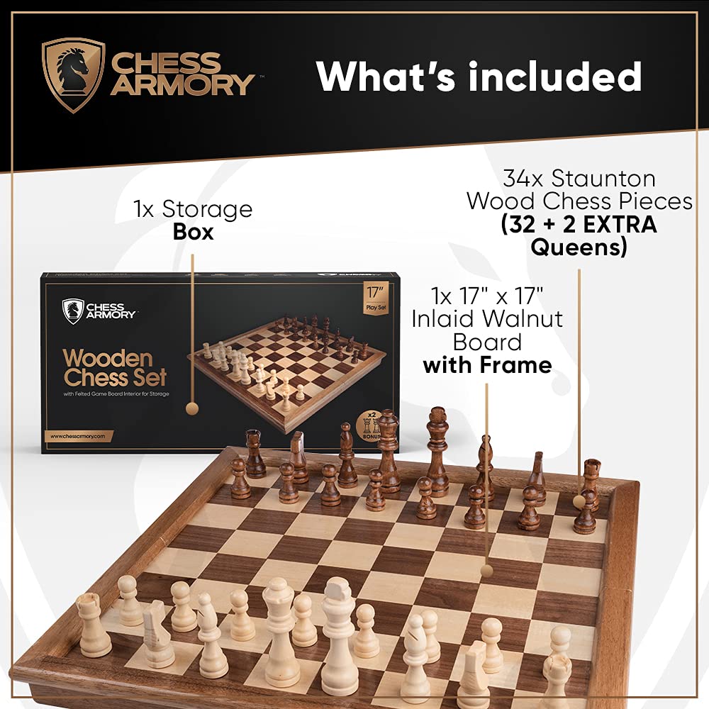 Chess Armory Wooden Chess Set - 17-Inch Large Chess Board with Felted Storage Box, Extra Queens & Handcrafted Staunton Pieces