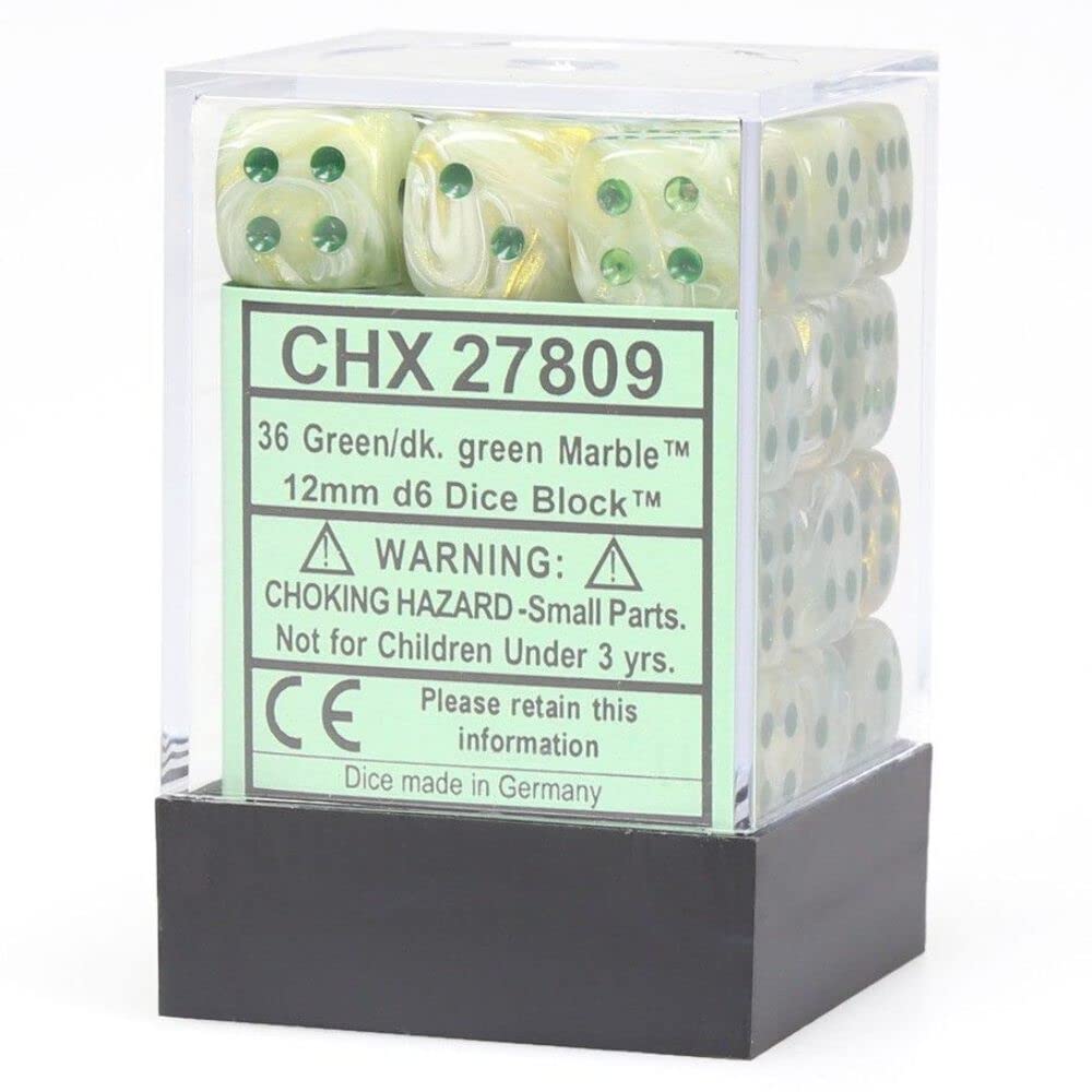 Chessex Dice-12mm Marble Green and Dark Green Plastic Polyhedral Dice Set- Dice Includes 36 Dice - D6, Various (CHX27809)