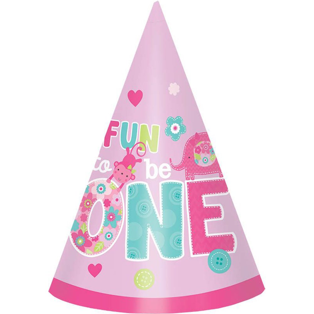 Amscan One Wild Girl 1st Birthday Party Cone Hats, 6", Pink